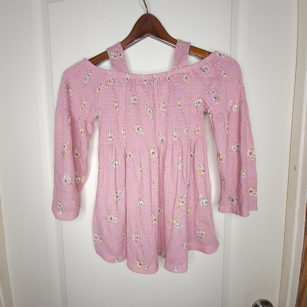 Girls Junior Large Cloud Chaser Cold Shoulder Off Shoulder Shirt, Pink Floral